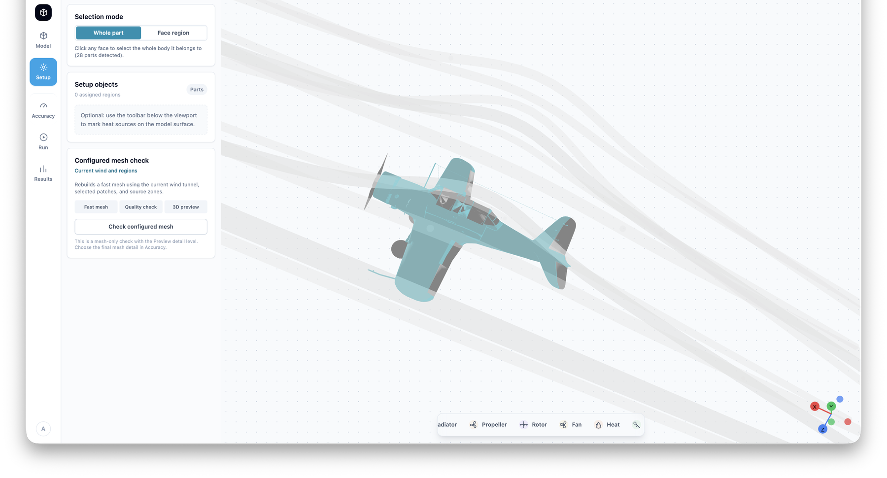 REAH CFD Studio setup screen showing aircraft model region selection and configured mesh checks before simulation