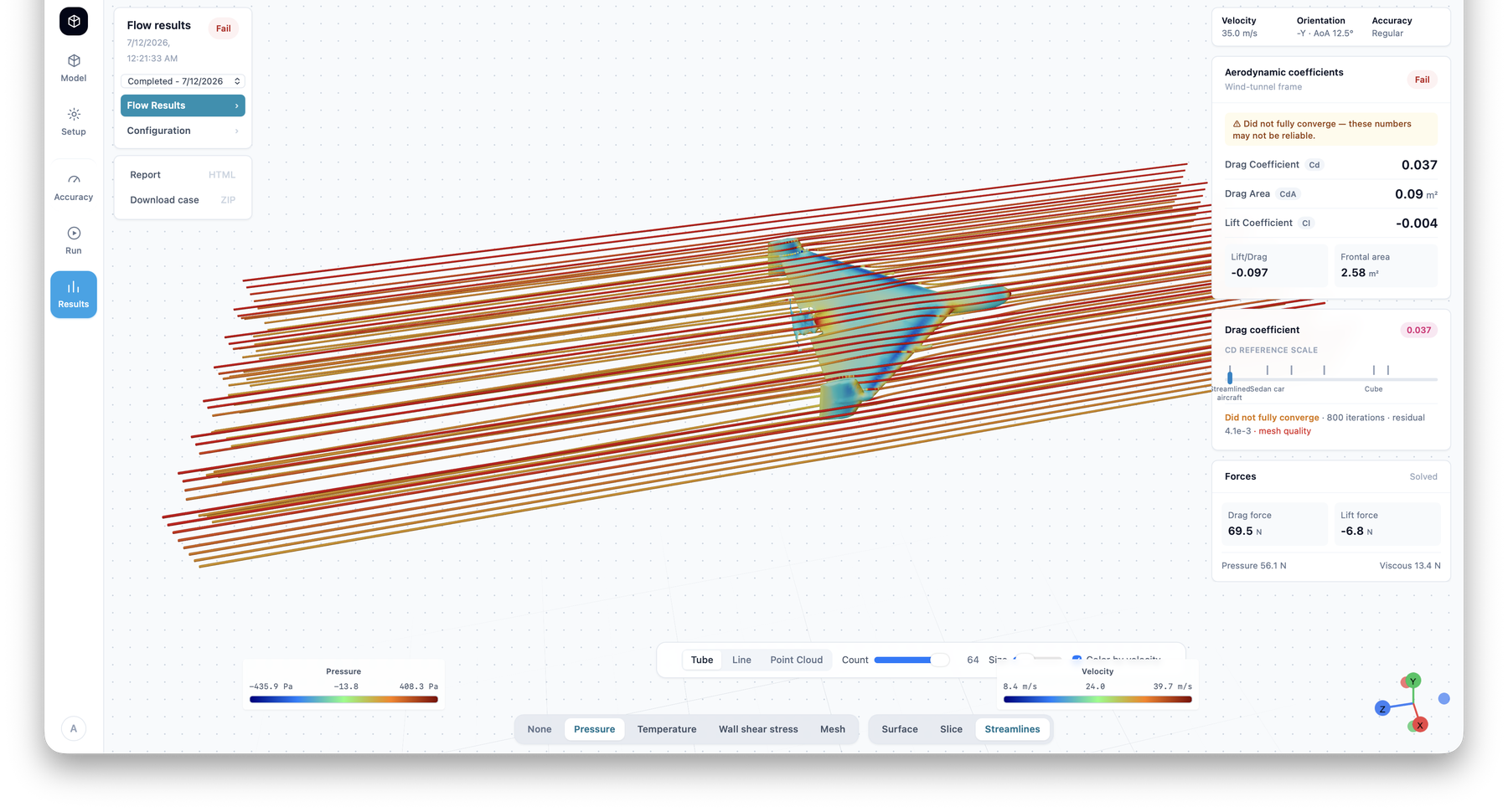 REAH CFD Studio interface showing external-flow streamlines around an aircraft model with convergence warning and drag-result panels