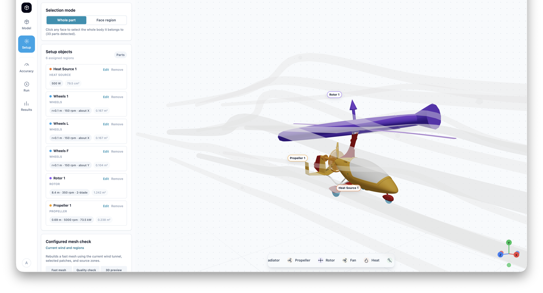 REAH CFD Studio setup screen with propeller, rotor, wheel and heat-source regions assigned on an aircraft model before simulation