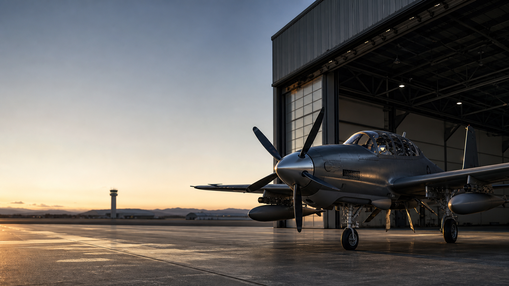 Aircraft on a runway apron near a modern aerospace hangar at dawn